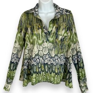 Olivia Moon Top Feather Pattern Women Size Petite XS Green Gray Blouse Shirt